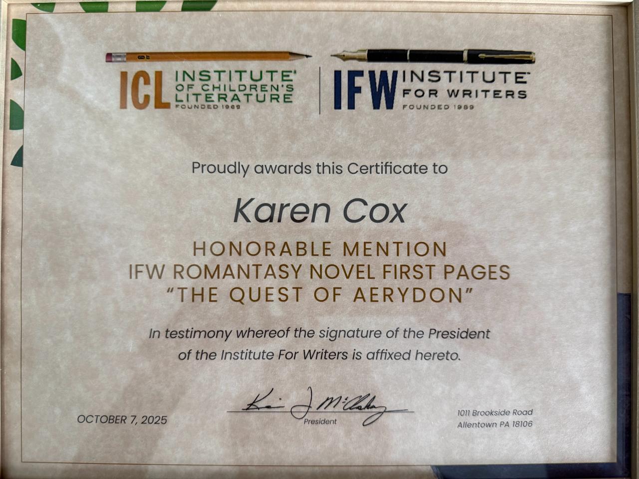 IFW Romantasy Novel First Pages Honorable Mention Certificate